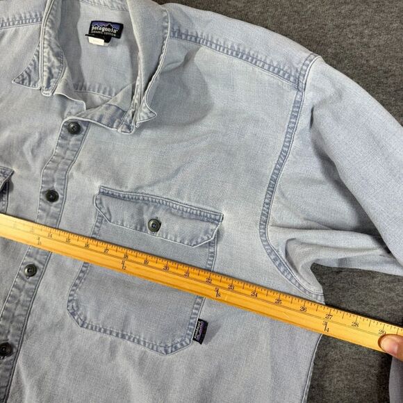 Vintage Patagonia Heavy Denim Button Up Shirt 2XL XXL Long Sleeve Logo Faded - Picture 8 of 13
